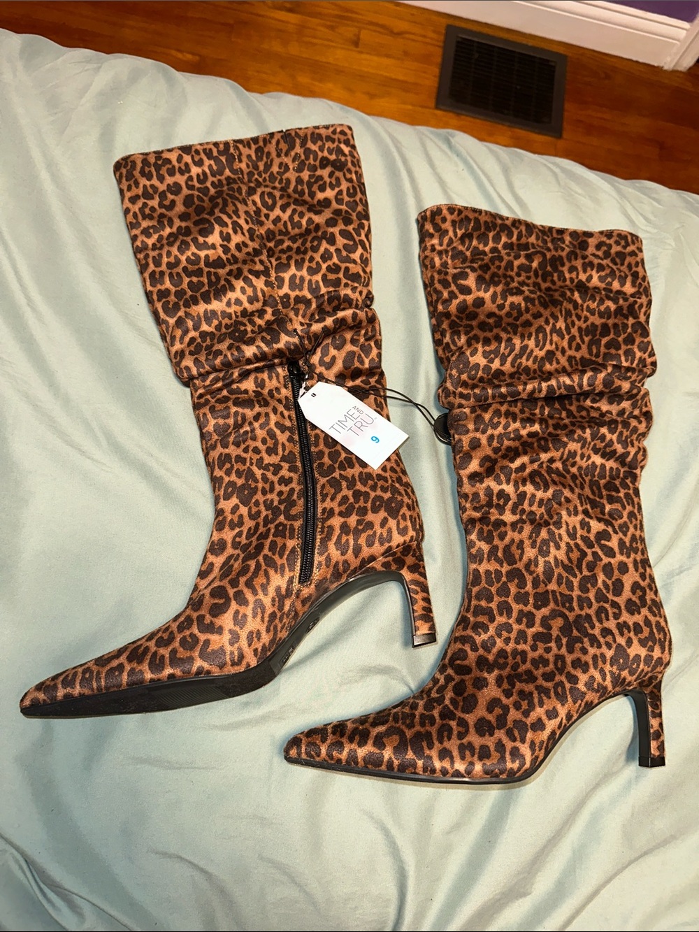 Time and Tru Leopard Print Mid-Calf Heeled Boots - Brown and Black